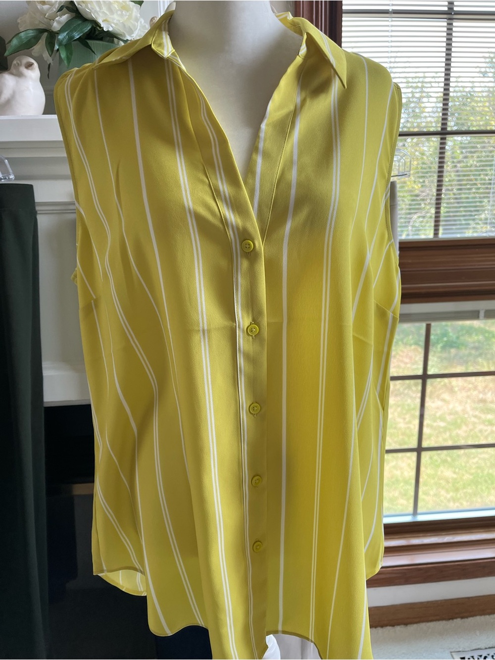 Ann Taylor Yellow and White Vertical Stripe Sleeveless Button-Down Top
